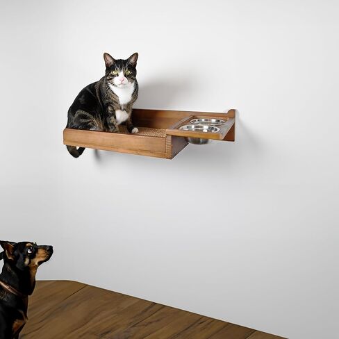 Cat Feeding Shelf Wall Mounted - Unique Mess-Free Design Cat Food Shelf with Hidden Bracket, Dog Proof cat Feeder Station, cat Wall Shelves with sisal mat, Two Bowl, Sold Pine Wood cat Wall Furniture in Kuwait