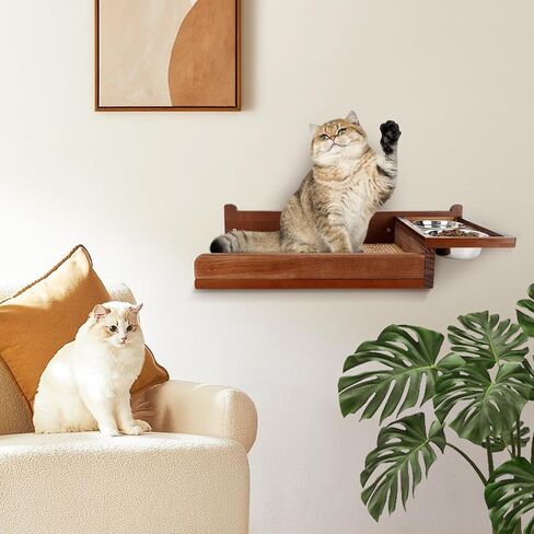 Cat Feeding Shelf Wall Mounted - Unique Mess-Free Design Cat Food Shelf with Hidden Bracket, Dog Proof cat Feeder Station, cat Wall Shelves with sisal mat, Two Bowl, Sold Pine Wood cat Wall Furniture in Kuwait