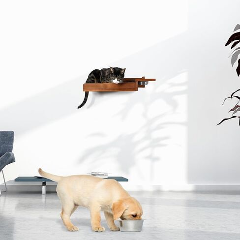 Cat Feeding Shelf Wall Mounted - Unique Mess-Free Design Cat Food Shelf with Hidden Bracket, Dog Proof cat Feeder Station, cat Wall Shelves with sisal mat, Two Bowl, Sold Pine Wood cat Wall Furniture in Kuwait