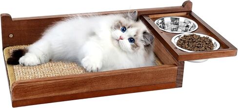 Cat Feeding Shelf Wall Mounted - Unique Mess-Free Design Cat Food Shelf with Hidden Bracket, Dog Proof cat Feeder Station, cat Wall Shelves with sisal mat, Two Bowl, Sold Pine Wood cat Wall Furniture in Kuwait