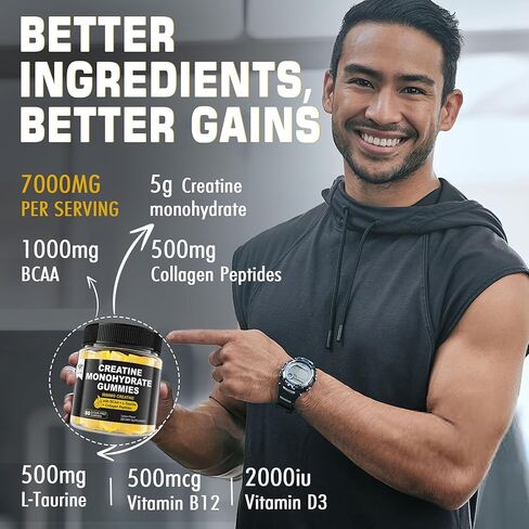 كرياتين مونوهيدرات 5 جم للرجال والنساء، 7000 مجم مع BCAA، ببتيدات الكولاجين، توراين، B12، D3، كرياتين قابل للمضغ خالي من السكر لتقوية العضلات، وتعزيز الطاقة، والنمو، والتعافي، قبل التمرين، عبوتان in Kuwait