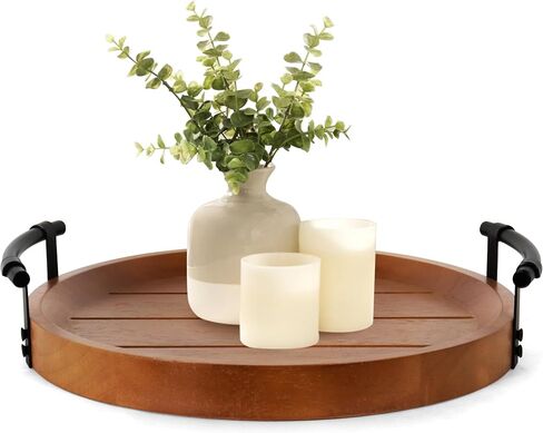 Oakrain Rustic Decorative Tray with Black Metal Handles, Round Wooden Tray for Coffee Table Organizer Home Decor Farmhouse Centerpiece Kitchen Counter Circle Serving Tray Vintage for Home Living Room in Saudi Arabia