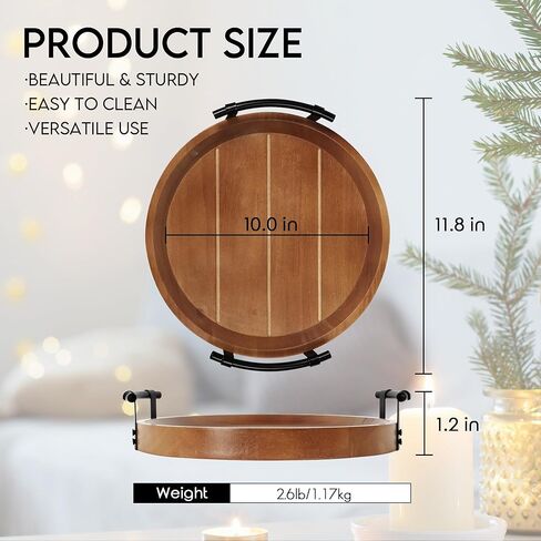 Oakrain Rustic Decorative Tray with Black Metal Handles, Round Wooden Tray for Coffee Table Organizer Home Decor Farmhouse Centerpiece Kitchen Counter Circle Serving Tray Vintage for Home Living Room in Saudi Arabia