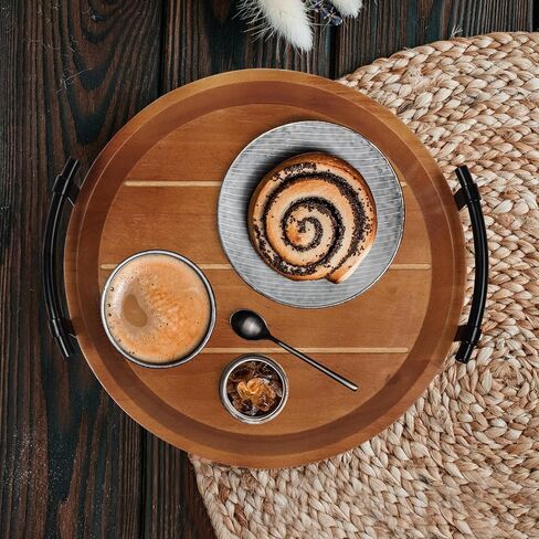 Oakrain Rustic Decorative Tray with Black Metal Handles, Round Wooden Tray for Coffee Table Organizer Home Decor Farmhouse Centerpiece Kitchen Counter Circle Serving Tray Vintage for Home Living Room in Saudi Arabia