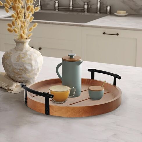 Oakrain Rustic Decorative Tray with Black Metal Handles, Round Wooden Tray for Coffee Table Organizer Home Decor Farmhouse Centerpiece Kitchen Counter Circle Serving Tray Vintage for Home Living Room in Saudi Arabia