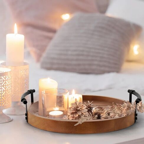 Oakrain Rustic Decorative Tray with Black Metal Handles, Round Wooden Tray for Coffee Table Organizer Home Decor Farmhouse Centerpiece Kitchen Counter Circle Serving Tray Vintage for Home Living Room in Saudi Arabia