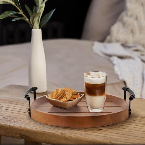Oakrain Rustic Decorative Tray with Black Metal Handles, Round Wooden Tray for Coffee Table Organizer Home Decor Farmhouse Centerpiece Kitchen Counter Circle Serving Tray Vintage for Home Living Room in Saudi Arabia