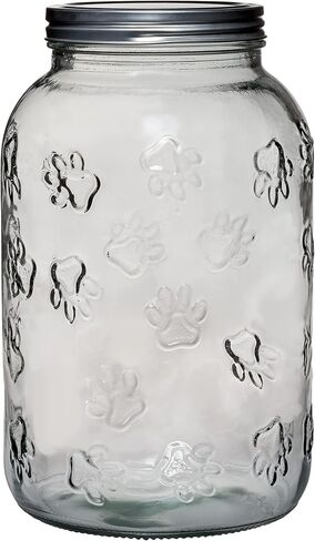 Amici Pet Winston Paw Glass Canister | Dog Treat Storage Container | Clear Embossed Body with Metal Twist-Top Lid | Paw Print Textured Design | 140 Ounce Capacity in Kuwait