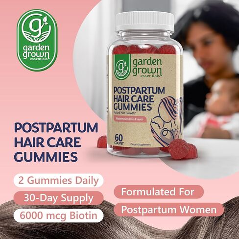 علكات تساقط الشعر بعد الولادة للنساء - مُصممة للعناية بالشعر بعد الولادة، والنمو، وصحة فروة الرأس، وإعادة النمو، وتساقط الشعر، والجلد والأظافر - 6000 ميكروجرام من البيوتين ومزيج الفيتامينات للأمهات - صُنع في الولايات المتحدة الأمريكية in Kuwait