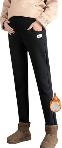 HUGYOIU سراويل حمل شتوية فوق عثرة الصوف شيربا مبطنة Sweatpants للنساء الحوامل مع جيوب in Kuwait