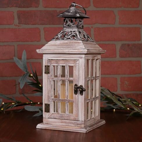 الفانوس الخشبي الأبيض القابل للغسل من أوركيد آند إيفي 13 بوصة مزخرف ريفي أبيض اللون مع سطح حديدي - سطح الطاولة أو شنقا منزل المزرعة حامل شموع LED خشبي لحفلات الزفاف - الفناء الخارجي ديكور المنزل in Kuwait