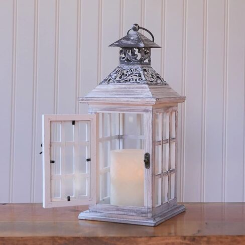 الفانوس الخشبي الأبيض القابل للغسل من أوركيد آند إيفي 13 بوصة مزخرف ريفي أبيض اللون مع سطح حديدي - سطح الطاولة أو شنقا منزل المزرعة حامل شموع LED خشبي لحفلات الزفاف - الفناء الخارجي ديكور المنزل in Kuwait