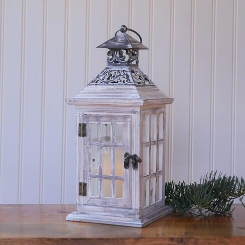 الفانوس الخشبي الأبيض القابل للغسل من أوركيد آند إيفي 13 بوصة مزخرف ريفي أبيض اللون مع سطح حديدي - سطح الطاولة أو شنقا منزل المزرعة حامل شموع LED خشبي لحفلات الزفاف - الفناء الخارجي ديكور المنزل in Kuwait