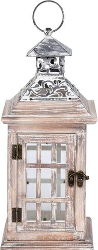 الفانوس الخشبي الأبيض القابل للغسل من أوركيد آند إيفي 13 بوصة مزخرف ريفي أبيض اللون مع سطح حديدي - سطح الطاولة أو شنقا منزل المزرعة حامل شموع LED خشبي لحفلات الزفاف - الفناء الخارجي ديكور المنزل in Kuwait