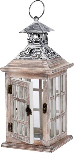 الفانوس الخشبي الأبيض القابل للغسل من أوركيد آند إيفي 13 بوصة مزخرف ريفي أبيض اللون مع سطح حديدي - سطح الطاولة أو شنقا منزل المزرعة حامل شموع LED خشبي لحفلات الزفاف - الفناء الخارجي ديكور المنزل in Kuwait