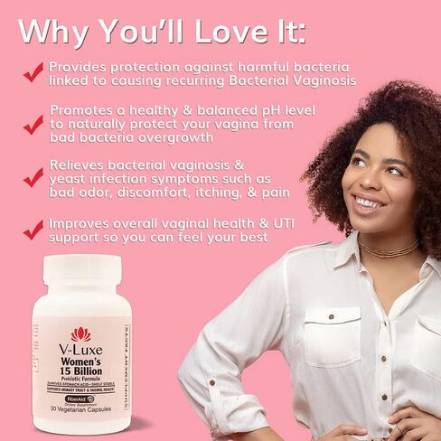 V-Luxe 15 Billion CFU Probiotics for Bacterial Vaginosis, Yeast Infections, & UTIs Backed by Science, Formulated for Women, Natural Remedy to Balance pH & Prevent Recurring Infections | 30 Day Supply in Saudi Arabia