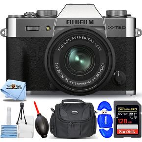 كاميرا FUJIFILM X-T30 II بدون مرآة مع عدسة XC 15-45 مم OIS PZ (فضية) - حزمة ملحقات مكونة من 7 قطع تتضمن: Sandisk Ultra 32GB SD، قارئ بطاقات، حقيبة أدوات، منفاخ. طقم قماش وتنظيف من الألياف الدقيقة in Kuwait