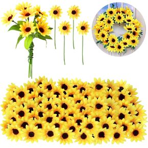 لوينابيو 50 قطعة من رؤوس عباد الشمس الاصطناعية الصغيرة مع سلك حديدي لتزيين المنزل والحفلات وديكور الزفاف، قطع مركزية للعروس، اكليل الزهور والحديقة والحرف اليدوية (1.77 انش) in Kuwait
