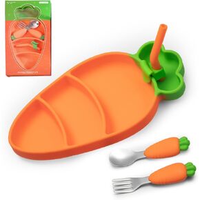 طبق الجزر للأطفال الصغار من VOD VISUAL، طبق شفط، طبق مقسم، مع شوكة طفل صغير وملعقة طفل صغير، خالي من مادة BPA، آمن للاستخدام في غسالة الأطباق في الميكروويف in Kuwait
