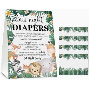 لافتة حفاضات في وقت متأخر من الليل، أفكار حفاضات لبطاقات ملاحظات سفاري، مجموعة ألعاب استحمام الطفل في وقت متأخر من الليل (علامة واحدة ثابتة + 20 بطاقة تهنئة فارغة)، ديكور حفلة استحمام الطفل في الغابة - A03 in Kuwait