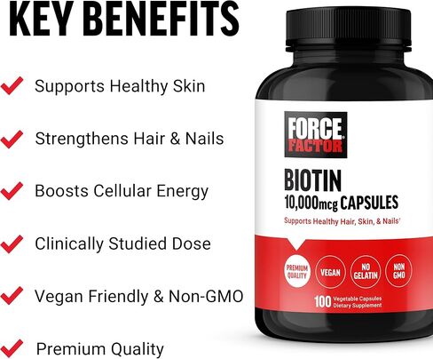 FORCE FACTOR Biotin 10000mcg, Biotin Supplement for Healthier Hair, Skin, and Nails, Hair Growth Supplement with Biotin Vitamins, Vegan Biotin, Non-GMO, 100 Vegetable Capsules in Saudi Arabia