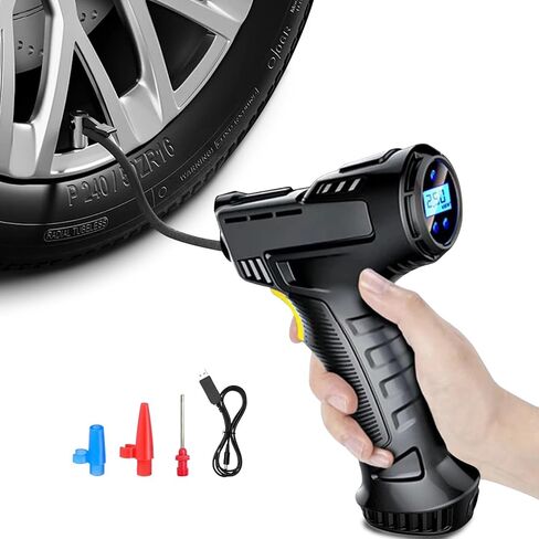 Tire Inflator Portable Air Compressor Car Air Pump with Digital Display, LED Light, Set of Nozzle Adaptors for Car, Motorcycle, Bicycle, Ball in Kuwait