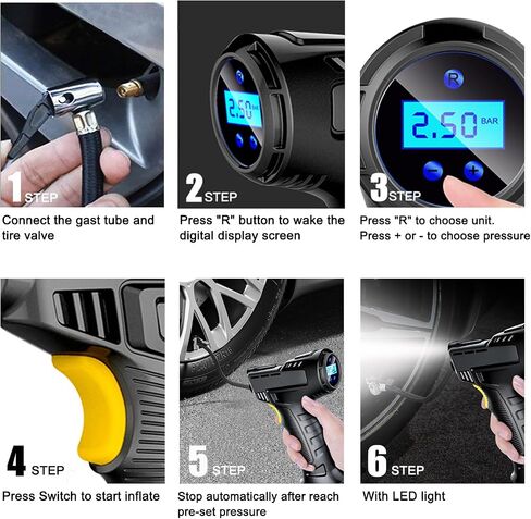 Tire Inflator Portable Air Compressor Car Air Pump with Digital Display, LED Light, Set of Nozzle Adaptors for Car, Motorcycle, Bicycle, Ball in Kuwait