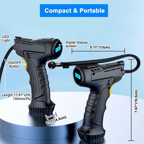 Tire Inflator Portable Air Compressor Car Air Pump with Digital Display, LED Light, Set of Nozzle Adaptors for Car, Motorcycle, Bicycle, Ball in Kuwait