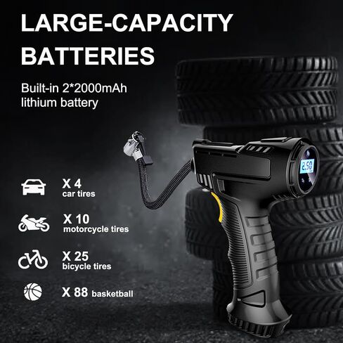 Tire Inflator Portable Air Compressor Car Air Pump with Digital Display, LED Light, Set of Nozzle Adaptors for Car, Motorcycle, Bicycle, Ball in Kuwait