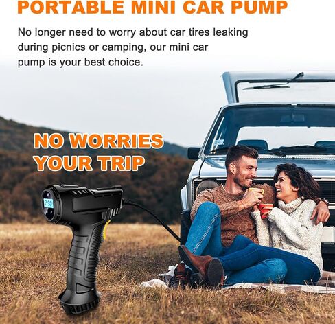Tire Inflator Portable Air Compressor Car Air Pump with Digital Display, LED Light, Set of Nozzle Adaptors for Car, Motorcycle, Bicycle, Ball in Kuwait