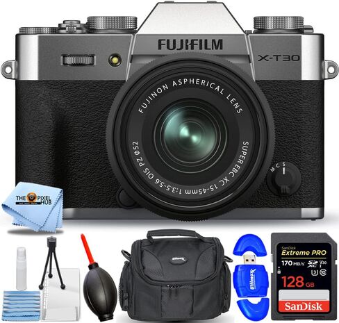 كاميرا FUJIFILM X-T30 II بدون مرآة مع عدسة XC 15-45 مم OIS PZ (فضية) - حزمة ملحقات مكونة من 7 قطع تتضمن: Sandisk Ultra 32GB SD، قارئ بطاقات، حقيبة أدوات، منفاخ. طقم قماش وتنظيف من الألياف الدقيقة in Kuwait