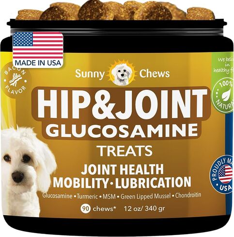 صاني تشيوز مضغ الورك والمفاصل للكلاب| ساعد في تخفيف الألم وتخفيف تصلب المفاصل مع MSM الجلوكوزامين كوندرويتين للكلاب | ملحق مفصل الكلب مع لحم الخنزير المقدد | لدغات الحركة للكلاب، 90 قطعة مضغ، 12 أونصة in Kuwait