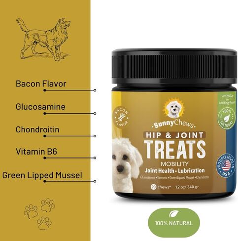 صاني تشيوز مضغ الورك والمفاصل للكلاب| ساعد في تخفيف الألم وتخفيف تصلب المفاصل مع MSM الجلوكوزامين كوندرويتين للكلاب | ملحق مفصل الكلب مع لحم الخنزير المقدد | لدغات الحركة للكلاب، 90 قطعة مضغ، 12 أونصة in Kuwait