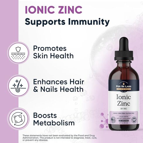 سائل الزنك الأيوني من Per Se Labs - 10 مجم عالي الامتصاص 240 حصة قطرات زنك سائلة للبالغين - دعم المناعة والعناية بالبشرة ومكملات الزنك - مكمل غذائي نباتي مضاد للأكسدة وكبريتات الزنك - 2 أونصة in Kuwait