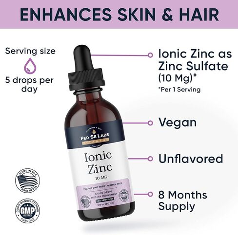 سائل الزنك الأيوني من Per Se Labs - 10 مجم عالي الامتصاص 240 حصة قطرات زنك سائلة للبالغين - دعم المناعة والعناية بالبشرة ومكملات الزنك - مكمل غذائي نباتي مضاد للأكسدة وكبريتات الزنك - 2 أونصة in Kuwait