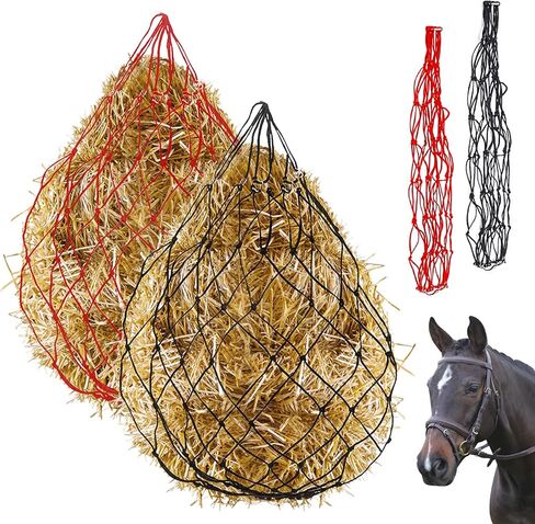 Glarks 2Pcs 36" Length with 5" x 5" Holes Nylon Ultra Slow Feed Hay Net, Black and Red Large Capacity Heavy Duty Poly Horse Hay Net Equine Feeding Bag for Trailer and Stall, Simulates Grazing in Saudi Arabia