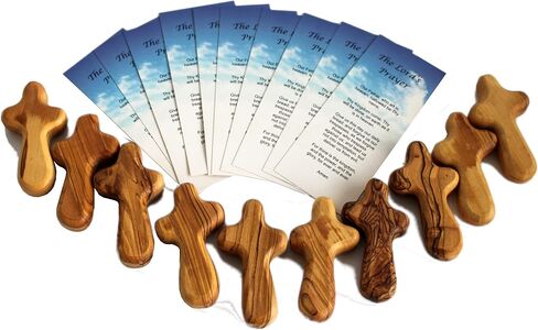 Holy Land Market Olive Wood Pocket Cross 2.75 in, Wooden Cross, 100 Pack | Lord's Prayer and authenticity card, one per cross. Also includes certificate. in Saudi Arabia