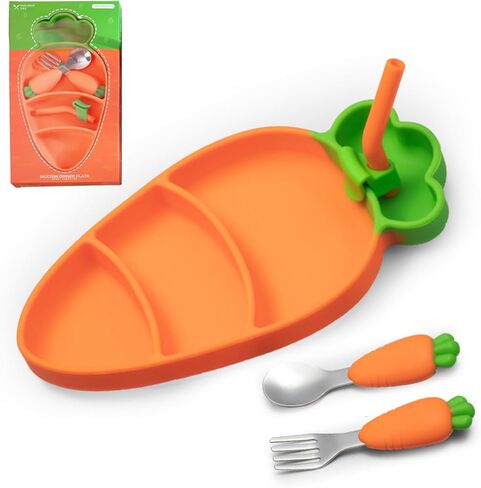 طبق الجزر للأطفال الصغار من VOD VISUAL، طبق شفط، طبق مقسم، مع شوكة طفل صغير وملعقة طفل صغير، خالي من مادة BPA، آمن للاستخدام في غسالة الأطباق في الميكروويف in Kuwait