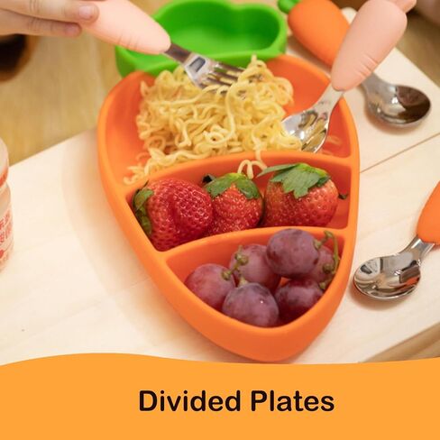 طبق الجزر للأطفال الصغار من VOD VISUAL، طبق شفط، طبق مقسم، مع شوكة طفل صغير وملعقة طفل صغير، خالي من مادة BPA، آمن للاستخدام في غسالة الأطباق في الميكروويف in Kuwait