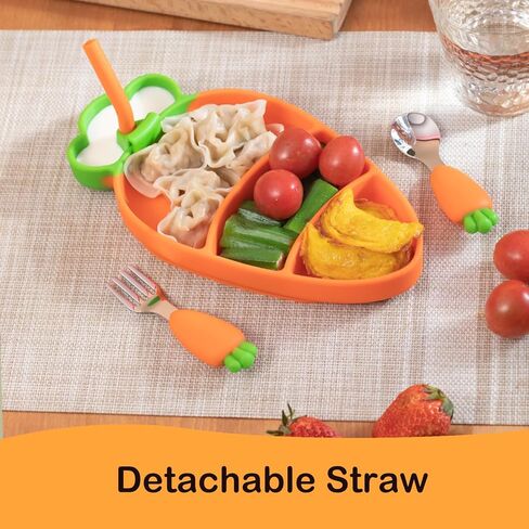 طبق الجزر للأطفال الصغار من VOD VISUAL، طبق شفط، طبق مقسم، مع شوكة طفل صغير وملعقة طفل صغير، خالي من مادة BPA، آمن للاستخدام في غسالة الأطباق في الميكروويف in Kuwait