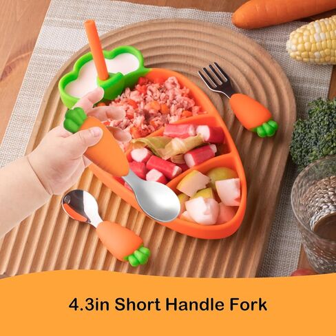 طبق الجزر للأطفال الصغار من VOD VISUAL، طبق شفط، طبق مقسم، مع شوكة طفل صغير وملعقة طفل صغير، خالي من مادة BPA، آمن للاستخدام في غسالة الأطباق في الميكروويف in Kuwait