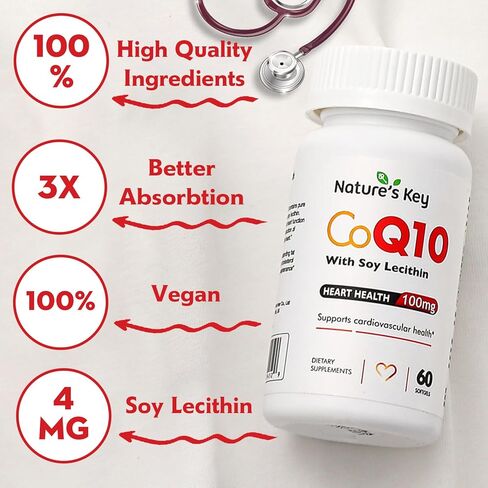Nature's Key CoQ10 200mg Softgels - 3X Better Absorbtion Water Soluble Coenzyme Q10 for Heart Health with 50mg Soy Lecithin - 1 Month Supply(60 Counts) in Kuwait