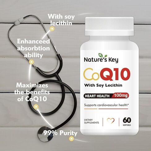 Nature's Key CoQ10 200mg Softgels - 3X Better Absorbtion Water Soluble Coenzyme Q10 for Heart Health with 50mg Soy Lecithin - 1 Month Supply(60 Counts) in Kuwait
