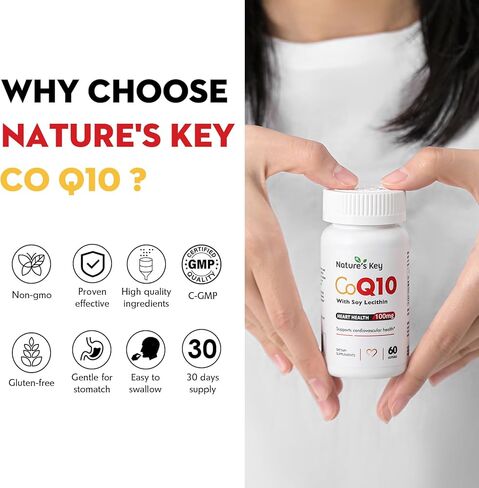 Nature's Key CoQ10 200mg Softgels - 3X Better Absorbtion Water Soluble Coenzyme Q10 for Heart Health with 50mg Soy Lecithin - 1 Month Supply(60 Counts) in Kuwait