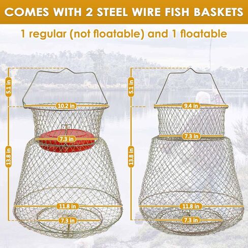 seloom 2PCS سلة الأسماك الأسلاك الفولاذية المجلفنة، سلة جراد البحر الأسماك القابلة للطي، قفص سلة الصيد المحمولة للأسماك في الهواء الطلق، سلال الأسماك المحمولة القابلة للطي ملحقات الصيد، الذهب in Kuwait