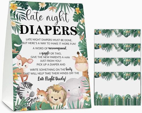 لافتة حفاضات في وقت متأخر من الليل، أفكار حفاضات لبطاقات ملاحظات سفاري، مجموعة ألعاب استحمام الطفل في وقت متأخر من الليل (علامة واحدة ثابتة + 20 بطاقة تهنئة فارغة)، ديكور حفلة استحمام الطفل في الغابة - A03 in Kuwait