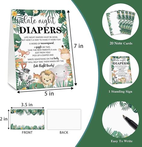 لافتة حفاضات في وقت متأخر من الليل، أفكار حفاضات لبطاقات ملاحظات سفاري، مجموعة ألعاب استحمام الطفل في وقت متأخر من الليل (علامة واحدة ثابتة + 20 بطاقة تهنئة فارغة)، ديكور حفلة استحمام الطفل في الغابة - A03 in Kuwait