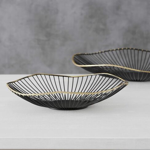أوعية WHW Whole House Worlds Modernist Centerpiece، مجموعة من 2، ديكور، تفاصيل مفصلة، ​​أسود مع حافة ذهبية مذهبة، قاع مسطح، قطر 15.75 × 2.5 بوصة و11.75 عمق × 2.25 بوصة طول in Saudi Arabia