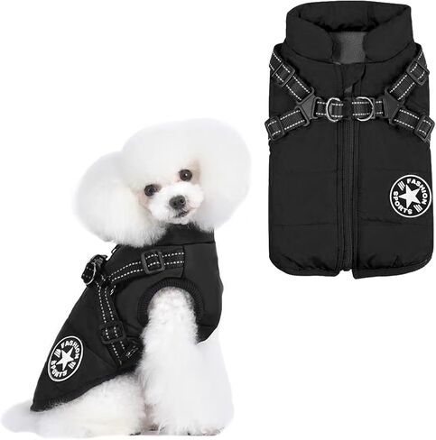 YHQPHZM Dog Coat,Warm Dog Winter Jacket Pet Jacket,Black Waterproof Windproof Pet Coat Jacket with Built in Harness,Dog Fleece Vest with Zipper Cold Weather Coat for Small Medium Dogs(M,Black) in Kuwait