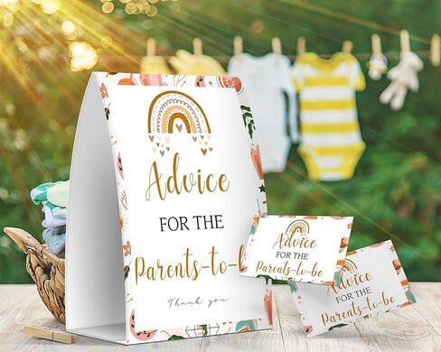 كتاب Advice for the Parents-to-be، العاب استقبال المولود بنمط قوس قزح بوهو بنمط قوس قزح، بطاقات نصائح للوالدين الجدد، تذكارات الام والاب الجديدة - لافتة واحدة + 50 بطاقة (GES21) in Kuwait